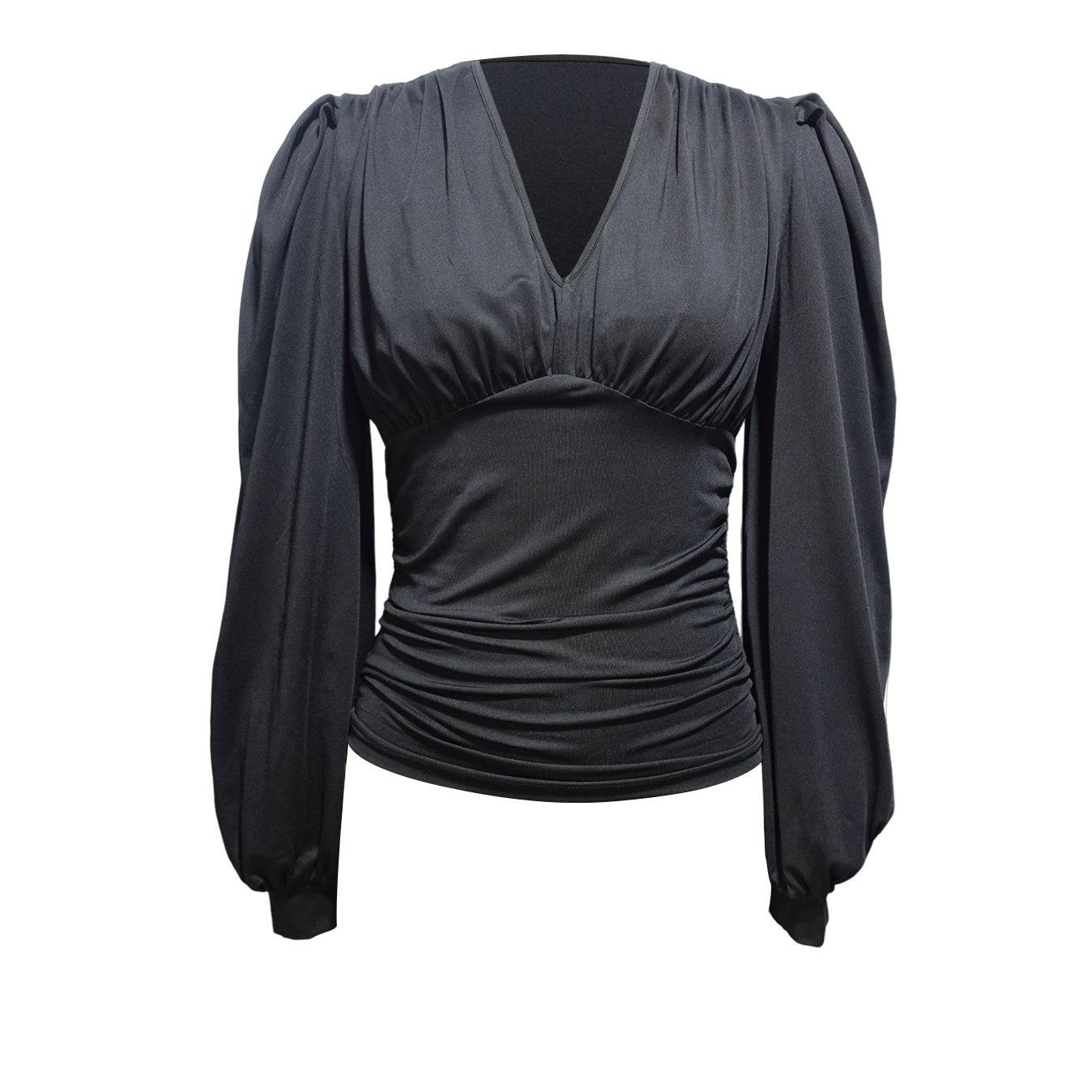 Lantern Sleeve Pleated V-Neck Top