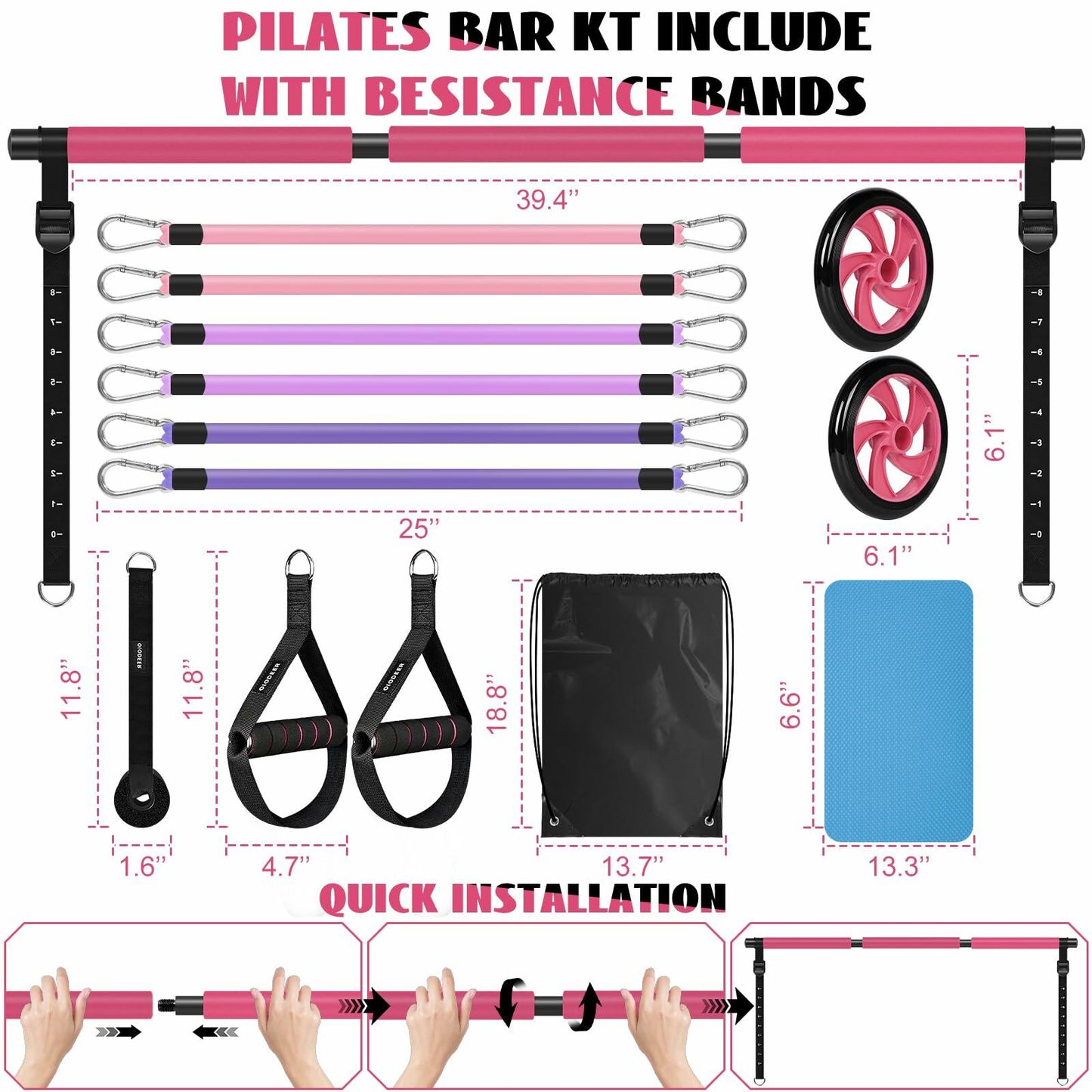 Olodeer Pilates Bar Kit with Resistance Bands & Ab Roller Pink Full Body