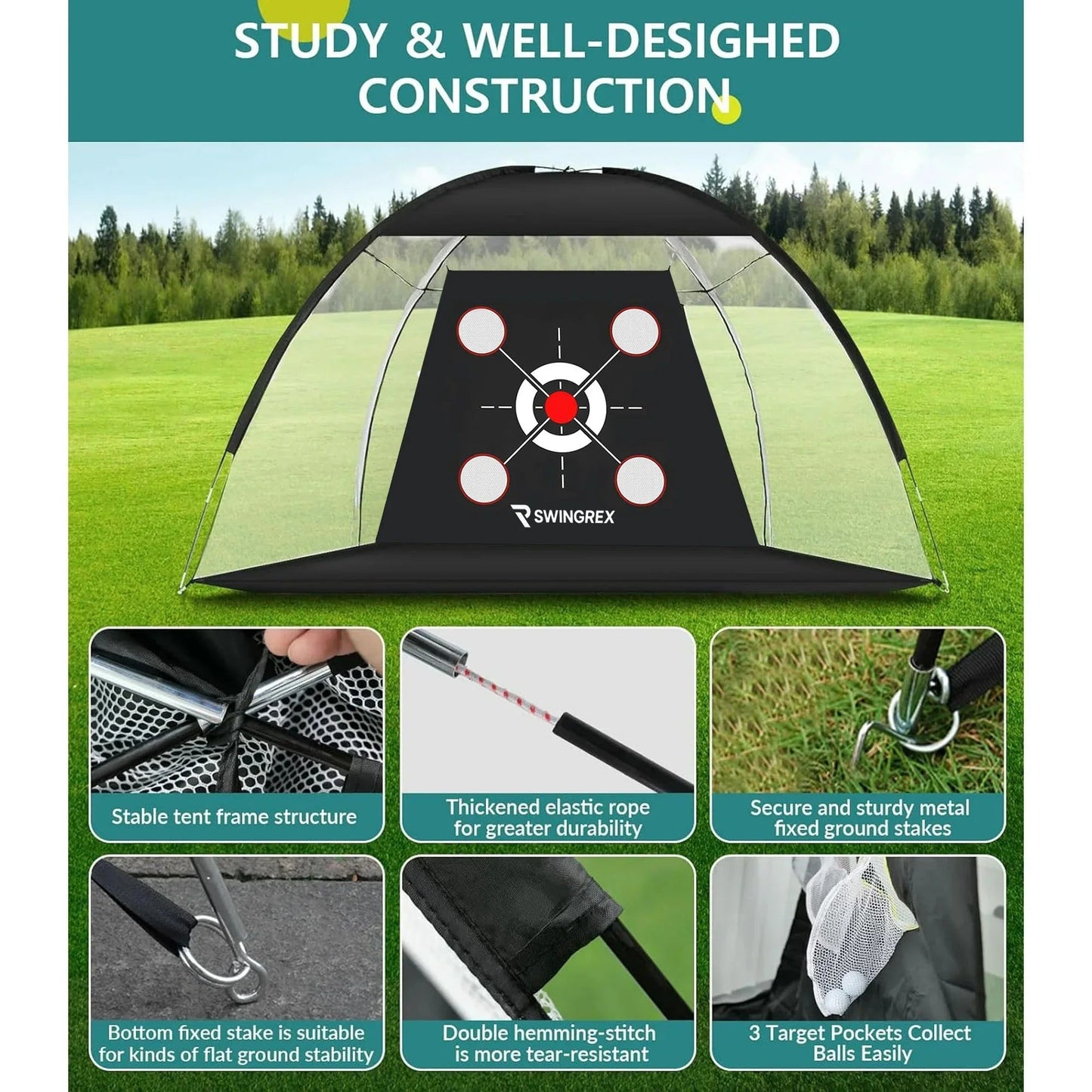 SwingRex 10x7 FT Golf Practice Net with Mat & Target | Backyard Driving & Chipping Trainer (4 Pockets)