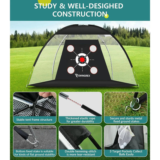 SwingRex 10x7 FT Golf Practice Net with Mat & Target | Backyard Driving & Chipping Trainer (4 Pockets)