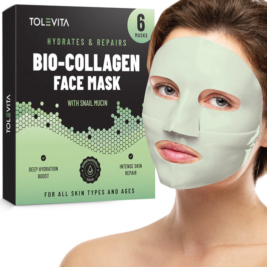 Bio-Collagen Overnight Face Mask, Hydrating & Repairing Sheet Mask with Snail Mucin & Hyaluronic Acid, 6 Masks