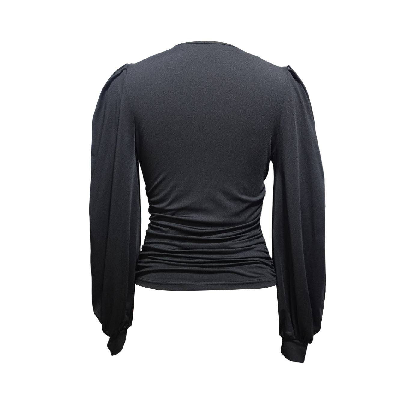Lantern Sleeve Pleated V-Neck Top