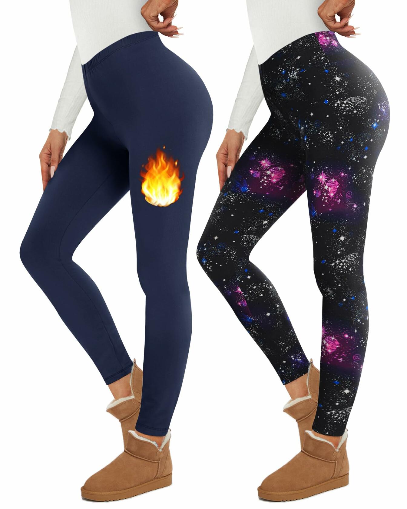 Thermal Fleece Lined Leggings Women Navy Blue and Galaxy 2 Pack Size S/M