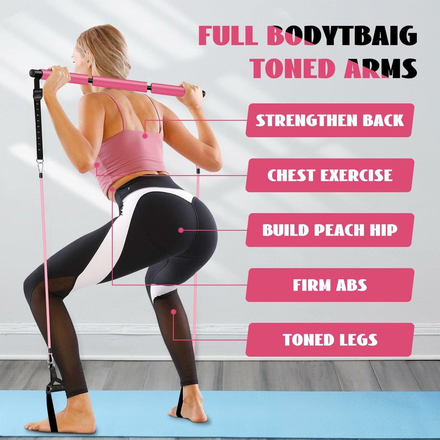 Olodeer Pilates Bar Kit with Resistance Bands & Ab Roller Pink Full Body